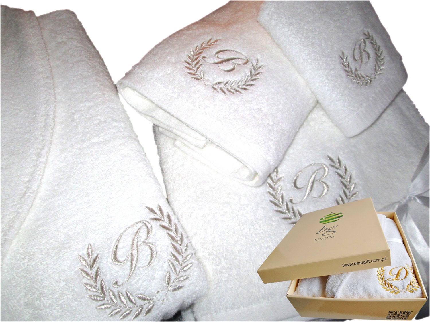 5 Wedding White Set Bathrobe Bath Towels with Silver