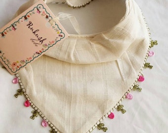 Special handmade bandana bib with needle lace work very cute meets modern and traditional, special collection turkish traditional art