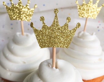 Gold Glitter Crown Cupcake Toppers • First Birthday • Baby Shower Toppers • Gender Reveal • Food Pick