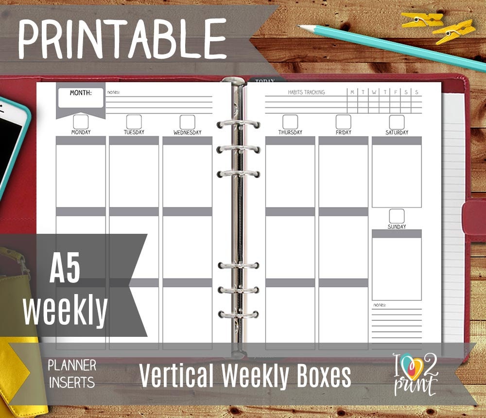Printable Planner Insert: VERTICAL WEEKLY BOXES A5 Weekly