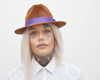 Fedora in Brown Felt Velour with Purple Ribbon