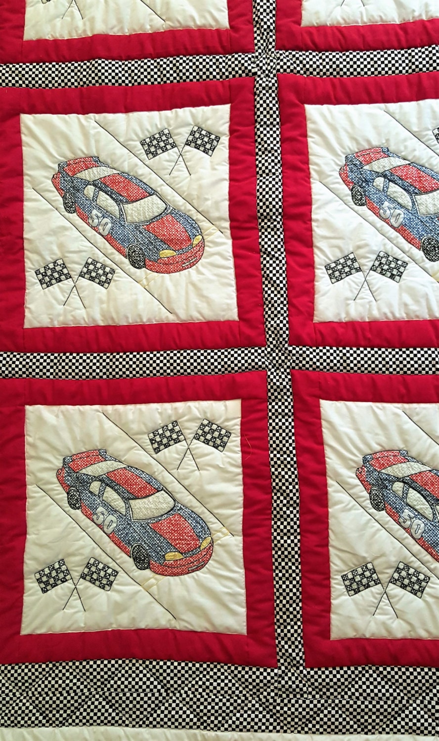 Race Car Quilt 77 x 56 hand made embroidered machine