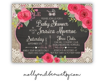 Pink Roses Baby Shower Invitation, Pink Rose Chalkboard Barnwood Invitation, Pink Roses, Vintage Lace, Shower Invites, Elegant Baby Shower