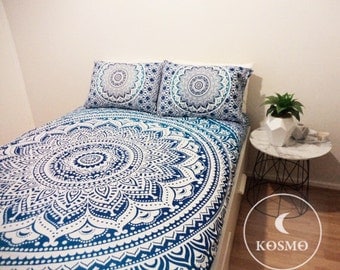 Queen size blue bohemian ombre mandala throw tapestry