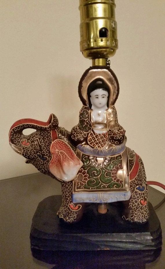Antique Satsuma Japanese Moriage Elephant Lamp Goddess Of Mercy B5F