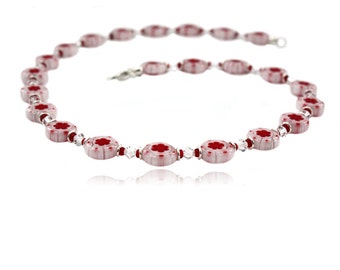 Glass beads chain lollipop red white silver with carabiner, gifts for women girls, Millefiori