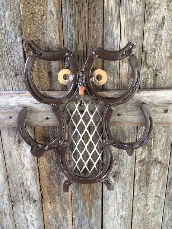 Items similar to Hoot owl with hooks. Made from repurposed horse shoes