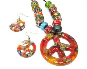 Red Glass Pendant Necklace Earring Set Bead Murano Lampwork Peace Sign Hippie Coachella 100U