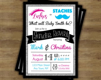 Staches or Lashes Gender Reveal Invitation Printable; Lashes or Staches; Stashes or Lashes; Gender Reveal Party Invitations;