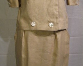 Oscar De La Renta Light Khaki Double Breasted Suit Size 12 Vintage 1980s