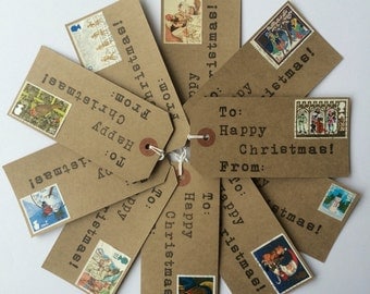 Vintage Christmas Wrapping Paper - Christmas Gift Tags - Christmas Labels - Holiday Gift Tags - Postage Stamps - Handmade Christmas