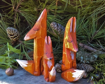 Fox Wood Carved Forest Animal Set (Fox Family)