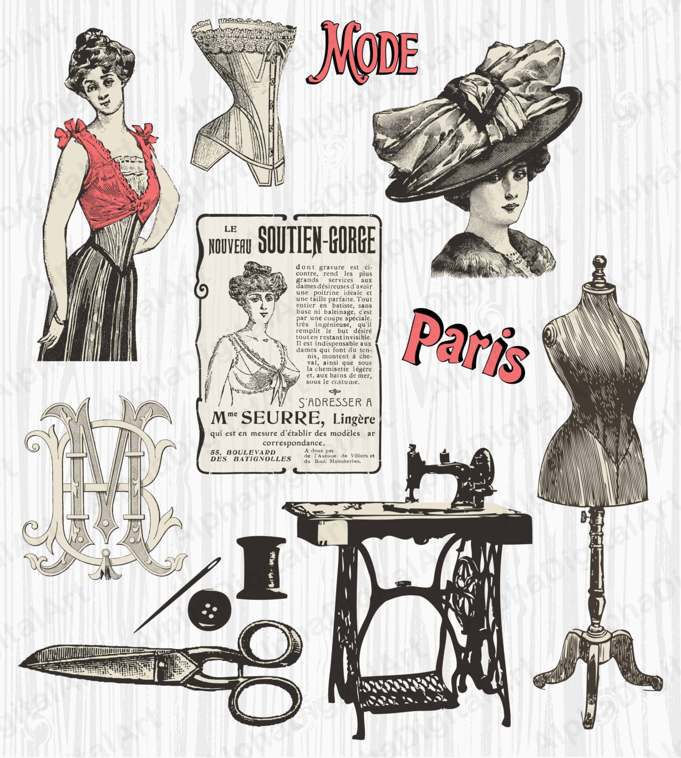 13 Vintage Fashion Labels Scrapbooking, engraving, Retro frames clipart ...