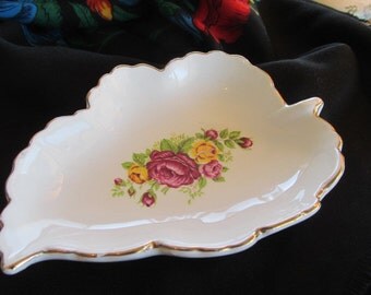 Ceramic trinket dish ring dish trinket plate trinket dish Victorian style rose design leaf shaped porcelain plate vintage.