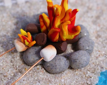 Miniature Campfire with Roasting Marshmallows, Christmas Elf, Flaming Marshmallow, Fairy Gardens, Wedding Cake Toppers, Dollhouse