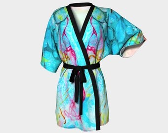 Vibrant Blue Kimono Robe Wedding Robes Bridesmaid Robe Kimono Knit Chiffon Bathrobe Bridal Robe Bridesmaid Gift Idea Original Abstract Art
