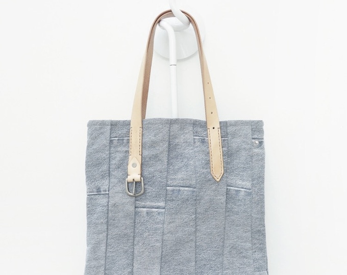 Denim Tote Bag, Grey Denim Handbags, Vintage Tote Bag, Leather Tote Bag, Vintage Jeans Bag, Gift for Her, Handmade tote bag, Street bag