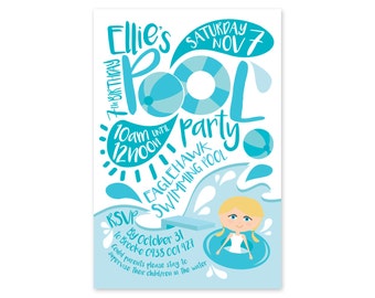 Kids Birthday Printed POOL PARTY Invitations + Envelopes. Great Quality! Matching party bags available.