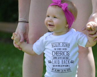 Rollin down the street eating cheerios/Baby onesie funny/Baby girl onesie/Baby boy onesie/Adorable Baby Onesie/Made to Order/Long sleeve