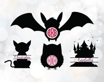 Halloween monogram SVG - Bat, Cat, Owl, House Monogram Clipart - Halloween Monogram dxf Cutting File for Cricut - Halloween Clipart SVG, dxf