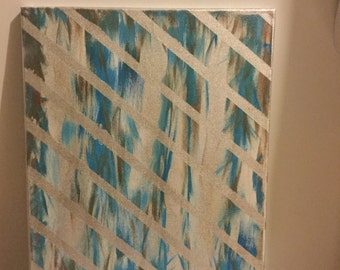 Blues and silver abstract art, large 16x20