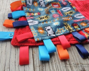 SuperHero Blanket, Ribbon Sensory Blanket, Minky Blanket, Taggie, Lovey