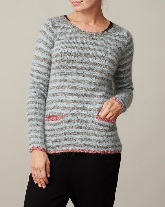 Striped raglan pullover sweater PDF knitting pattern / womens wool sweat...