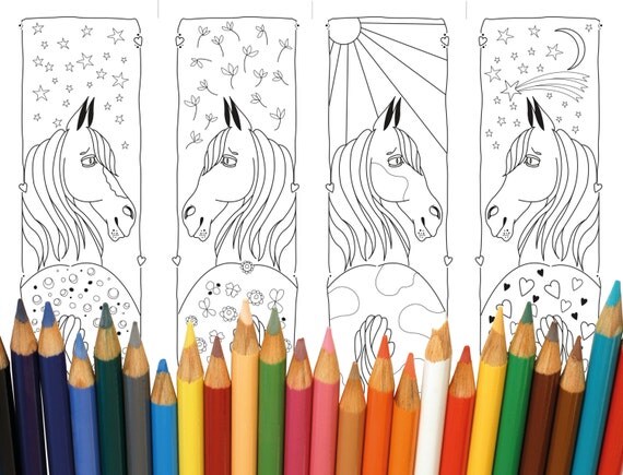 whimsical horse coloring bookmarks by redravenartanddesign on etsy