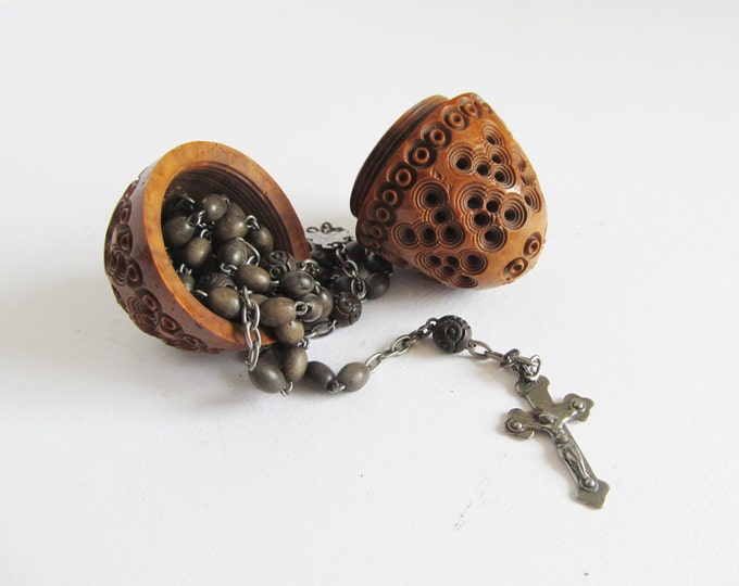 Antique carved coquilla nut with rosary, Victorian sewing accessory, flea trap, pomander, thimble holder, carved wooden engagement ring box