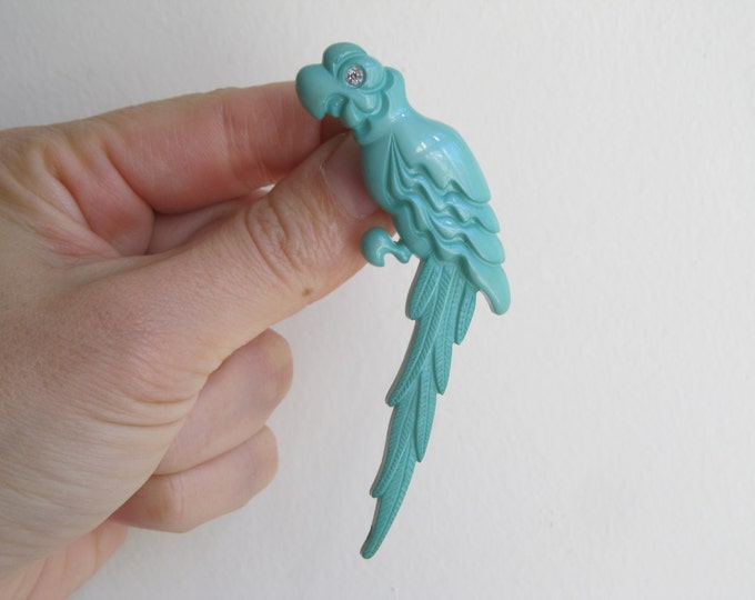 Teal parrot brooch, vintage West Germany bird pin, costume jewelry nature accessory, mint green / aqua / sea blue / turquoise spring colour