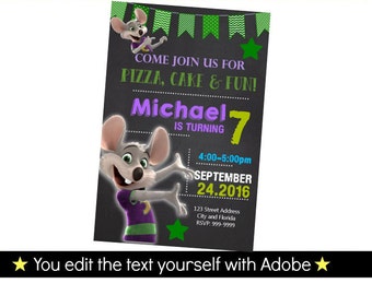Chuck E Cheese Birthday Invitation - Chuck E Cheese Chalkboard Birthday Party Invite INSTANT PDF DOWNLOAD