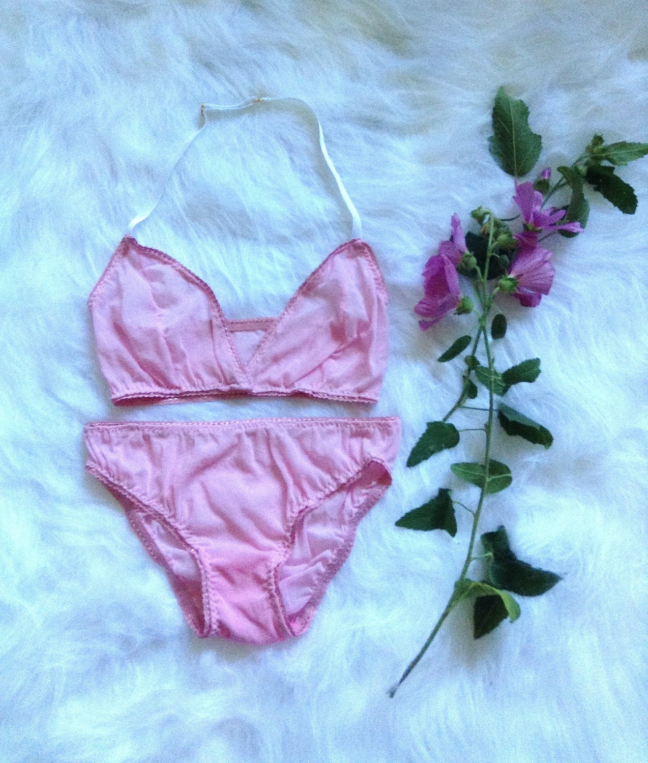 rosa pink mesh lingerie set halter neck bralette