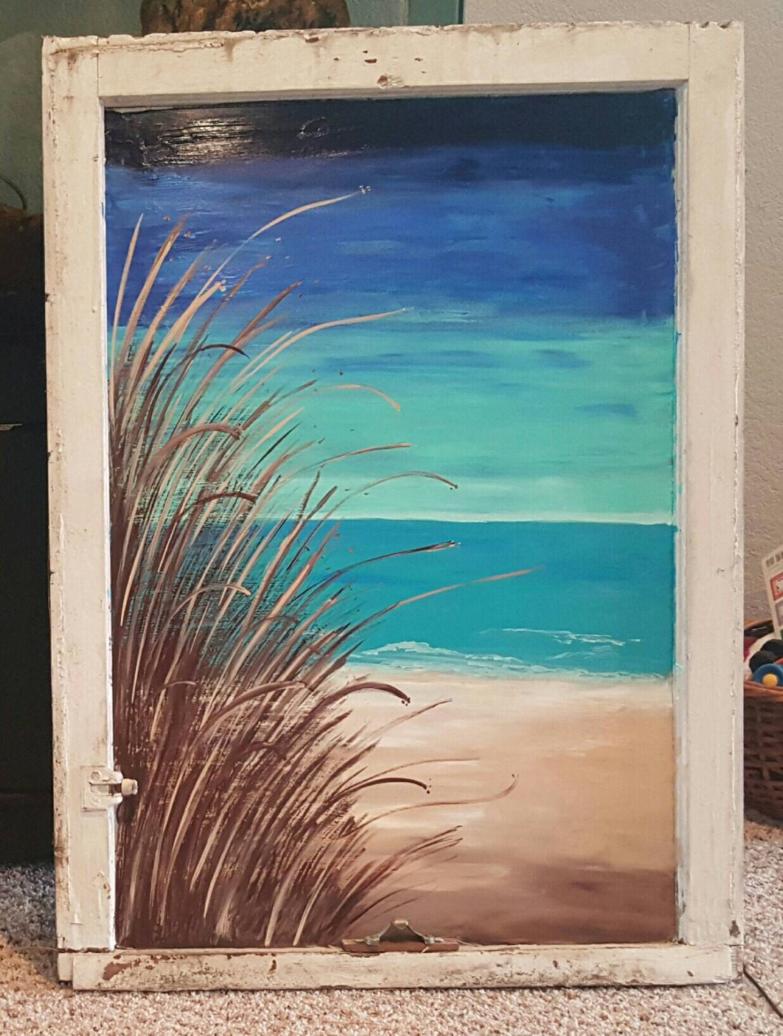 Beach window painting. Seaside painting on glass. Nautical