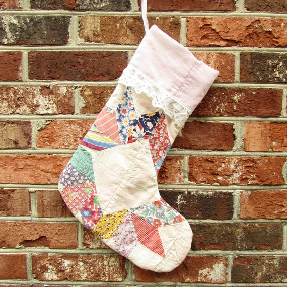 Recycled Christmas Stocking Vintage Quilt Repurposed Quilt