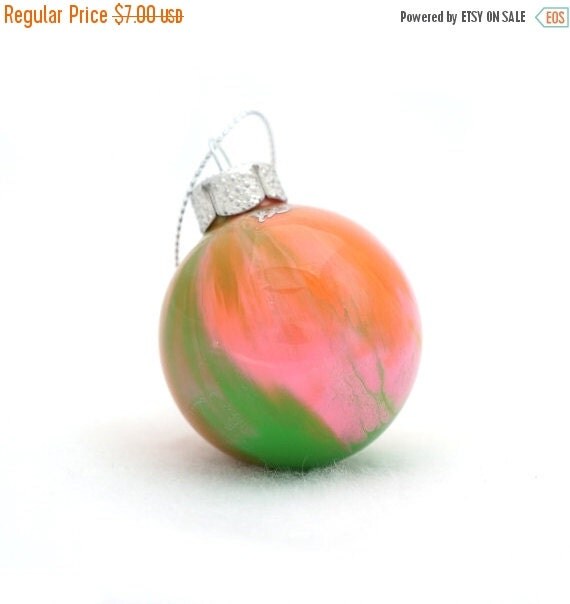 SALE On Sale! Glass Handmade Christmas Ball Painted Inside Round 2" Fluorescent Orange Lime Green Pink Grey