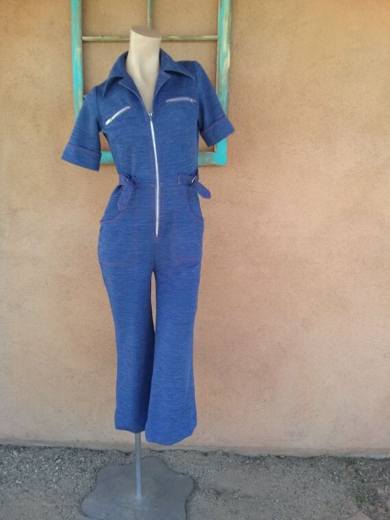 Vintage 1970s Jumpsuit Polyester Faux Denim Leisure Suit Small