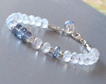 Rainbow Moonstone Mystic Topaz Bracelet Sterling Silver DJStrang Chatoyant Color Flash Blue Gemstone Bridal Cottage Chic Handmade