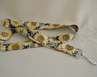 Sunflowers on navy blue - handmade fabric lanyard