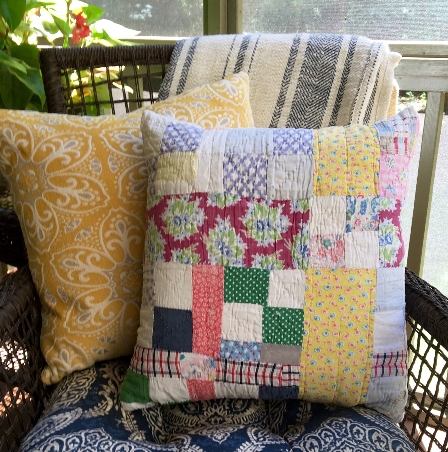 Vintage Quilt & Blue Ticking Pillow Patchwork Pillow Multi