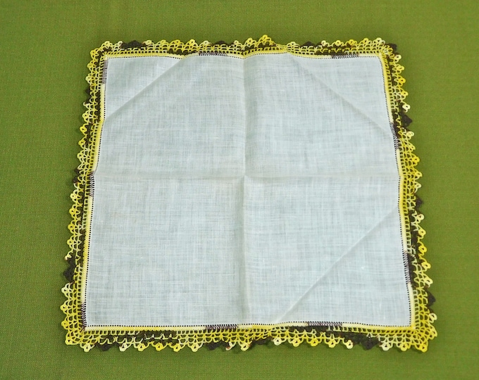 Brown Yellow Crocheted Edge White Hankie Handkerchief 12 inch