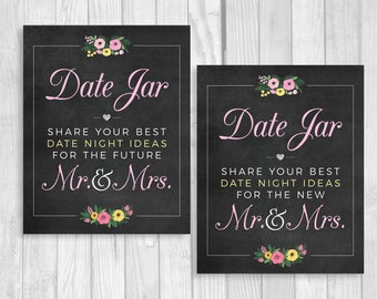 SALE Date Jar 8x10 Printable Wedding or Bridal Shower Date Night Ideas for Mr. & Mrs. Chalkboard Sign with Pink Yellow Watercolor Flowers