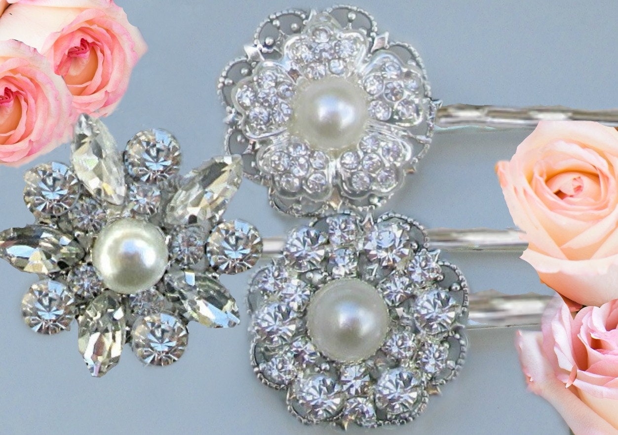 Vintage Style Wedding Hair pins Silver crystal by MissJoansBridal
