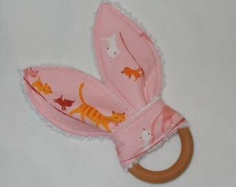 Pink Kitties Rabbit Ears Wooden Teething Ring