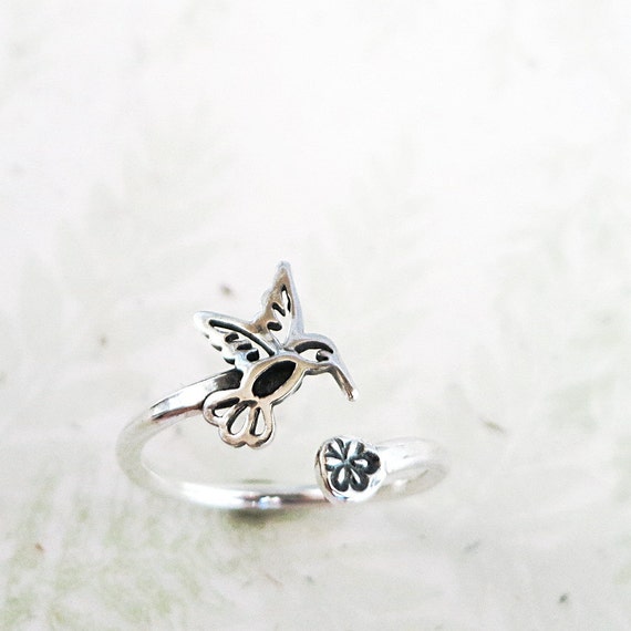 Hummingbird ring Sterling Silver flower by BarronDesignStudio