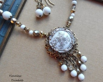 Flower Waltz, Antique Button Necklace with Czech Glass and Vintage Beads, Matching Earrings Included