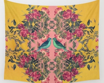 pretty love birds fabric wall tapestry- yellow- pink- nature- flowers- birds- wall art- boho chic wall decor- colorful wall hanging