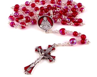 Sacred Heart of Jesus Rosary Beads In Red Czech Glass With Enamel Medals by Unbreakable Rosaries