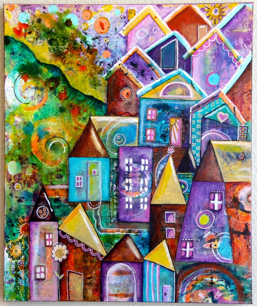 Funky Houses Original Mixed Media Art by CharlottesCollection