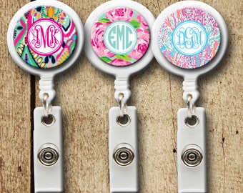 Monogram badge reel, personalized badge clip, lilly inspired badge holder, 12 pattern choices