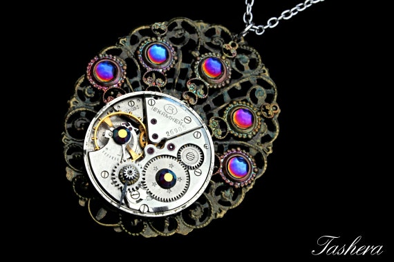 Steampunk Peacock Necklace, Silver Peacock Necklace, Assemblage Necklace, Industrial Jewelry, Luxury Gift, Retro Jewelry, Vintage Watch by tasherajean steampunk buy now online